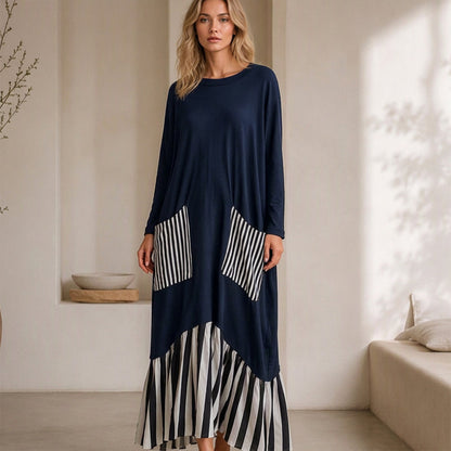 Women's Striped Patchwork Long Sleeve Maxi Dress