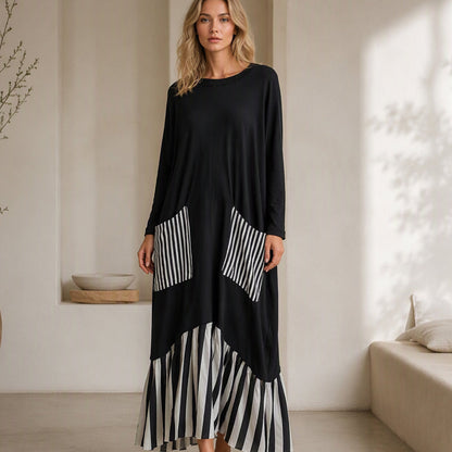 Women's Striped Patchwork Long Sleeve Maxi Dress