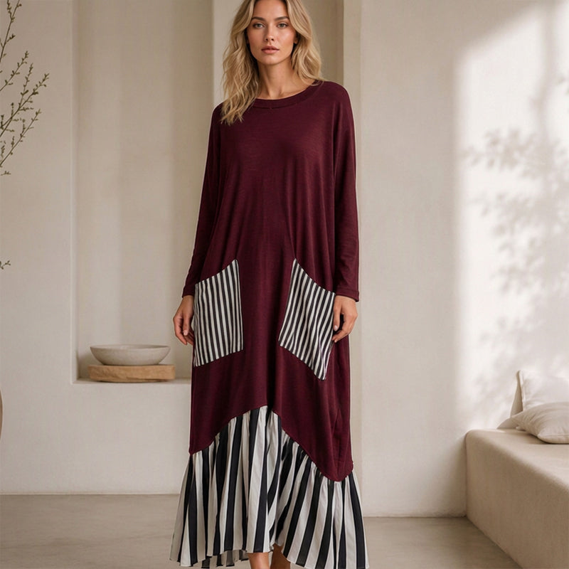 Women's Striped Patchwork Long Sleeve Maxi Dress