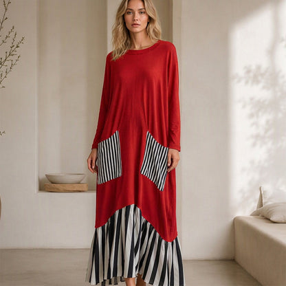 Women's Striped Patchwork Long Sleeve Maxi Dress
