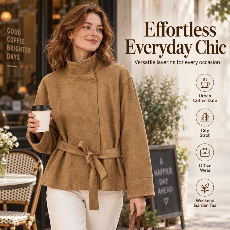 Women's Elegant Stand Collar Belted Jacket