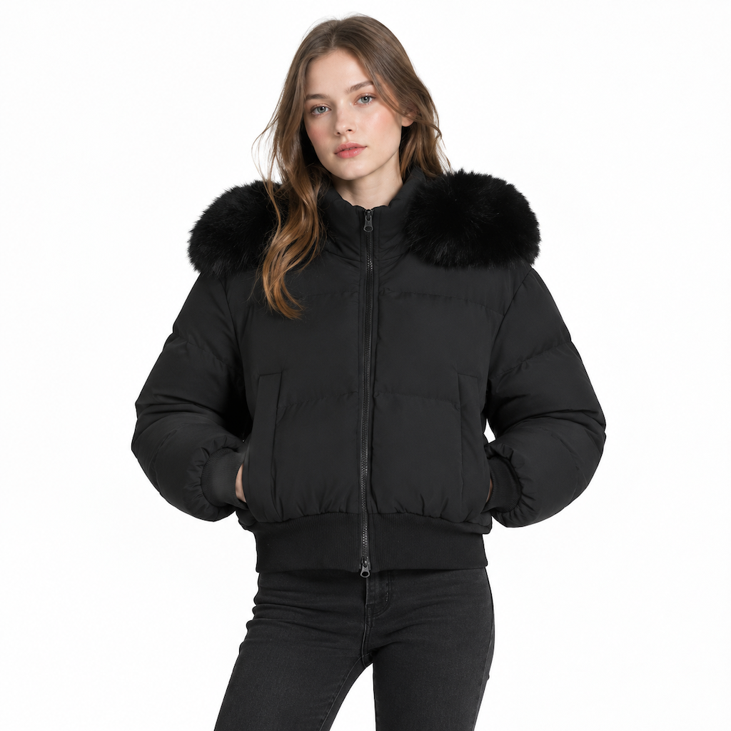 Women's Winter Short Hooded Padded Coat with Fur Collar