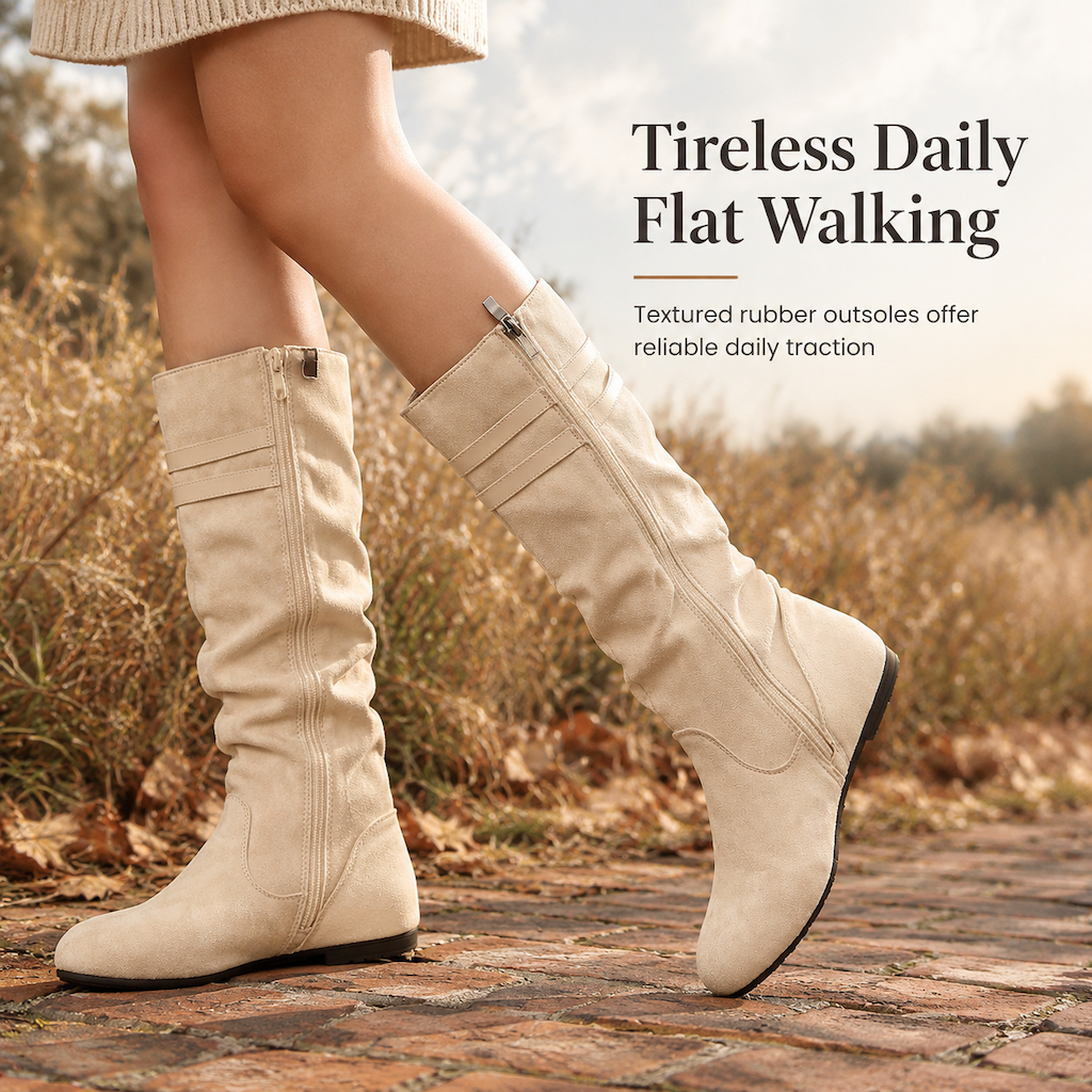 Womens Retro Suede Slouchy Knee High Boots Comfortable Flat Double Buckle Tall Boots