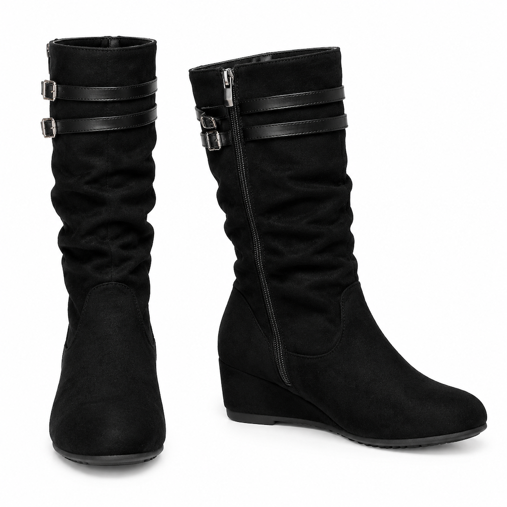 Womens Retro Suede Slouchy Knee High Boots Comfortable Flat Double Buckle Tall Boots